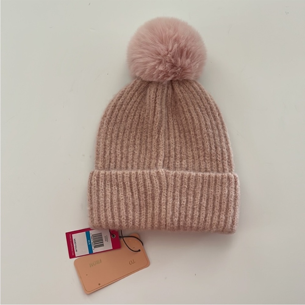 Vince Camuto Pink Beanie with Pom-Pom and Beads - Picture 2 of 9